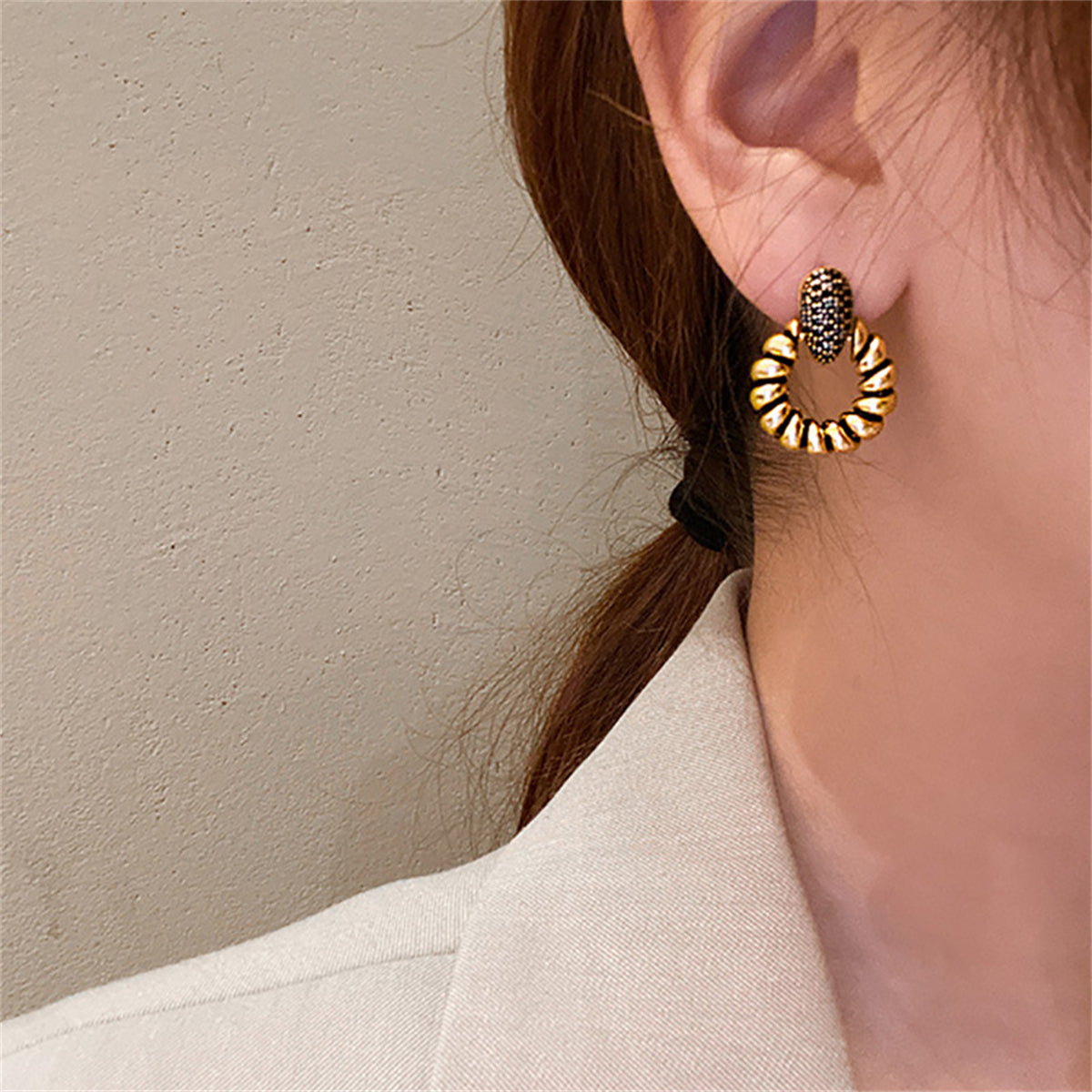 Black Cubic Zirconia and 18K Gold-Plated Twisted Circle Earrings, gold drop earrings for women, lifestyle look