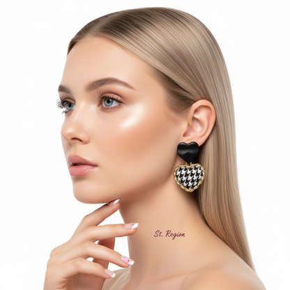 Black Enamel & Polyster 18K Gold-Plated Checkboard Heart Drop Earrings - Street Region