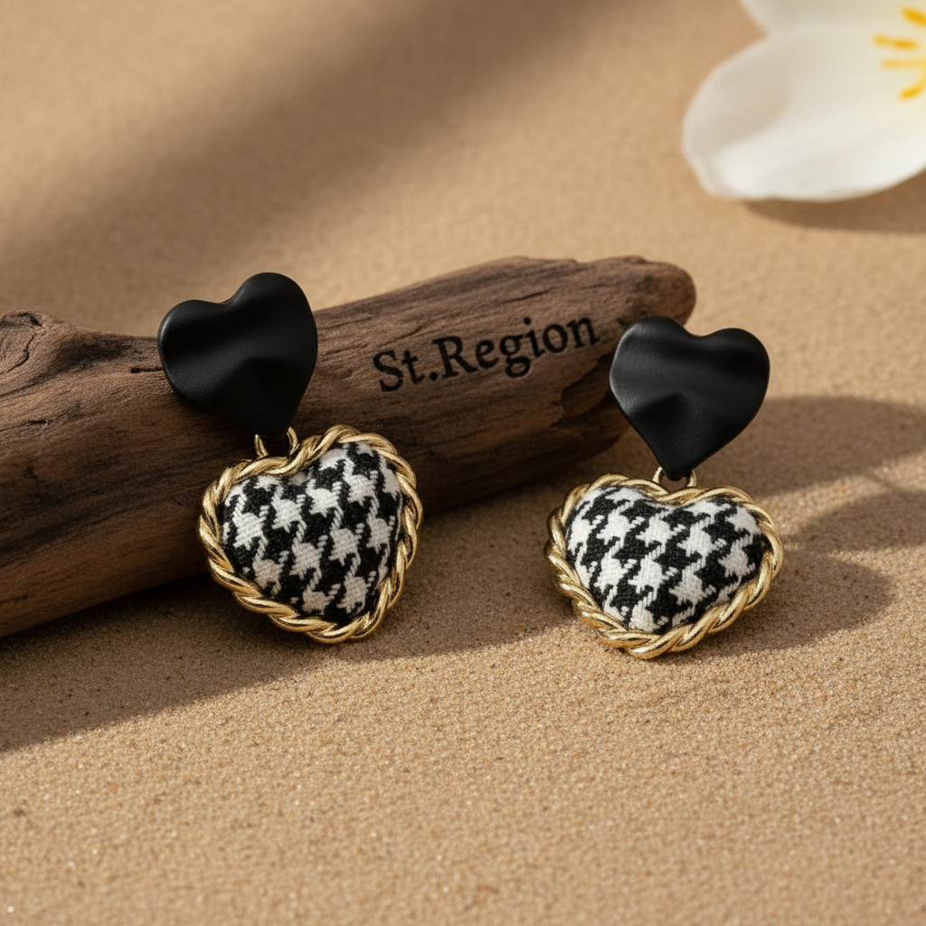Black Enamel & Polyster 18K Gold-Plated Checkboard Heart Drop Earrings - Street Region