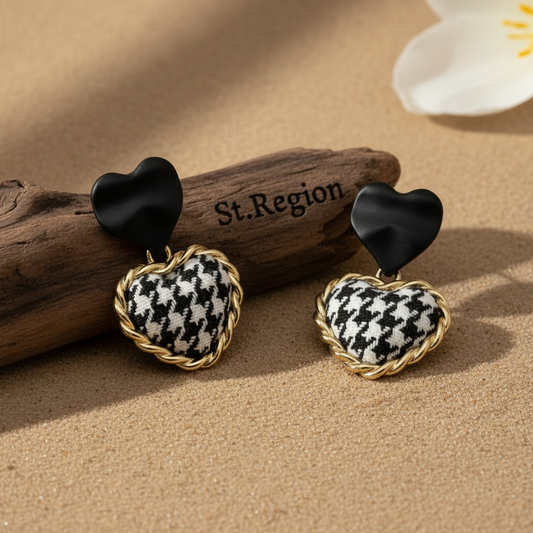 Black Enamel & Polyster 18K Gold-Plated Checkboard Heart Drop Earrings - Street Region