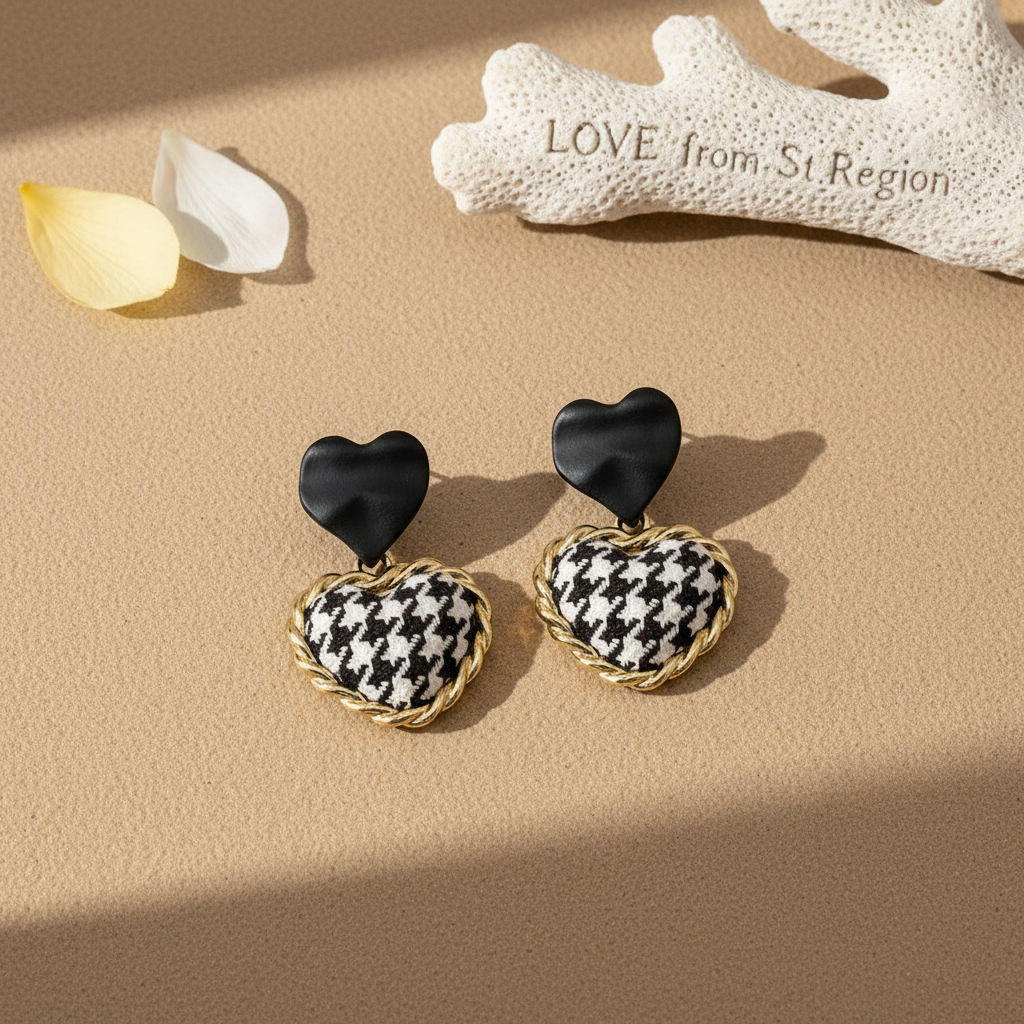 Black Enamel & Polyster 18K Gold-Plated Checkboard Heart Drop Earrings - Street Region