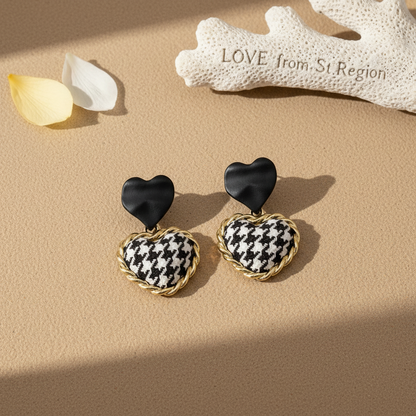 Black Enamel & Polyster 18K Gold-Plated Checkboard Heart Drop Earrings - Street Region