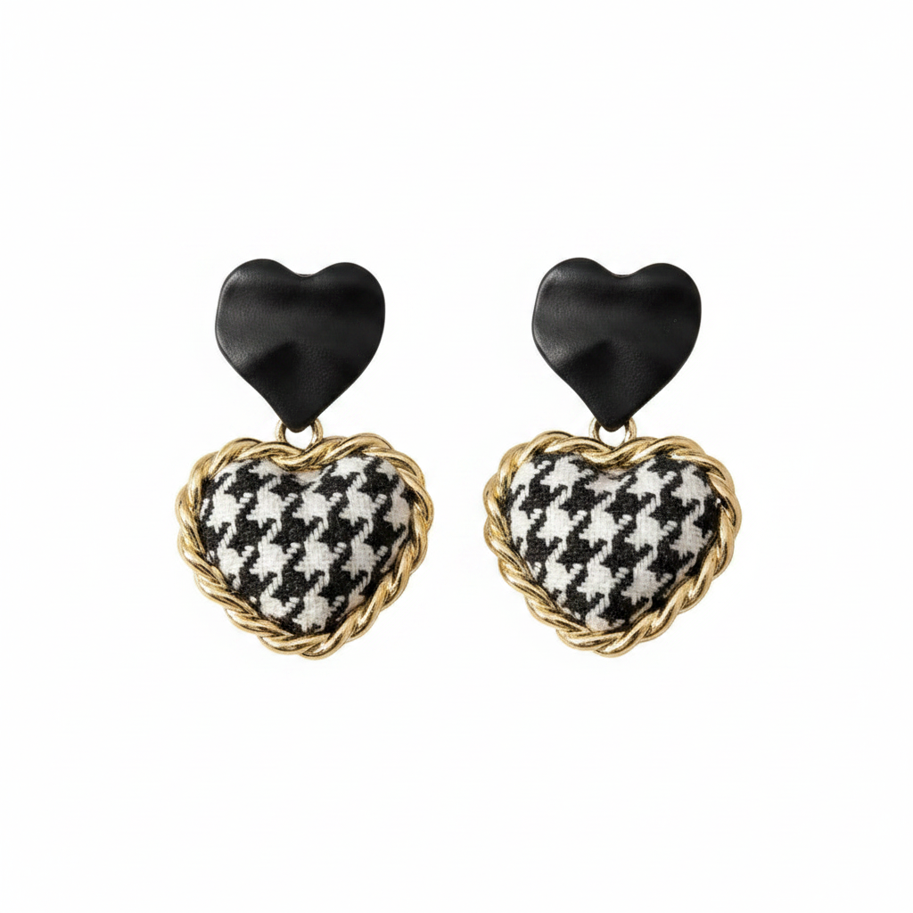 Black Enamel & Polyster 18K Gold-Plated Checkboard Heart Drop Earrings - Street Region