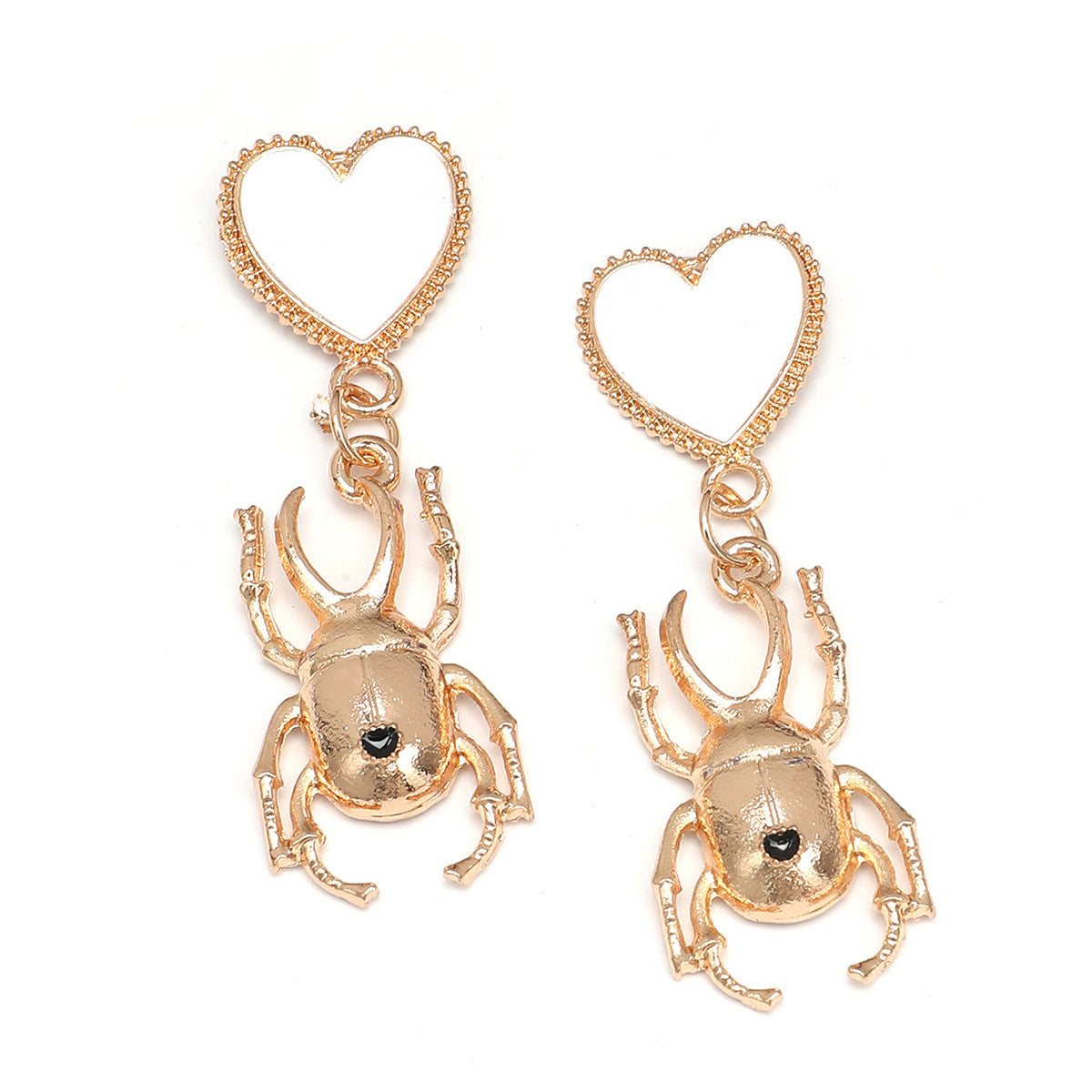 White Enamel & 18K Gold-Plated Heart Insect Drop Earring