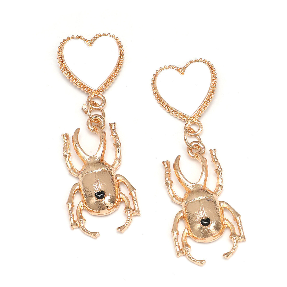 White Enamel and 18K Gold-Plated Heart Insect Drop Earring, gold drop earrings for women, botanical inspired, side view
