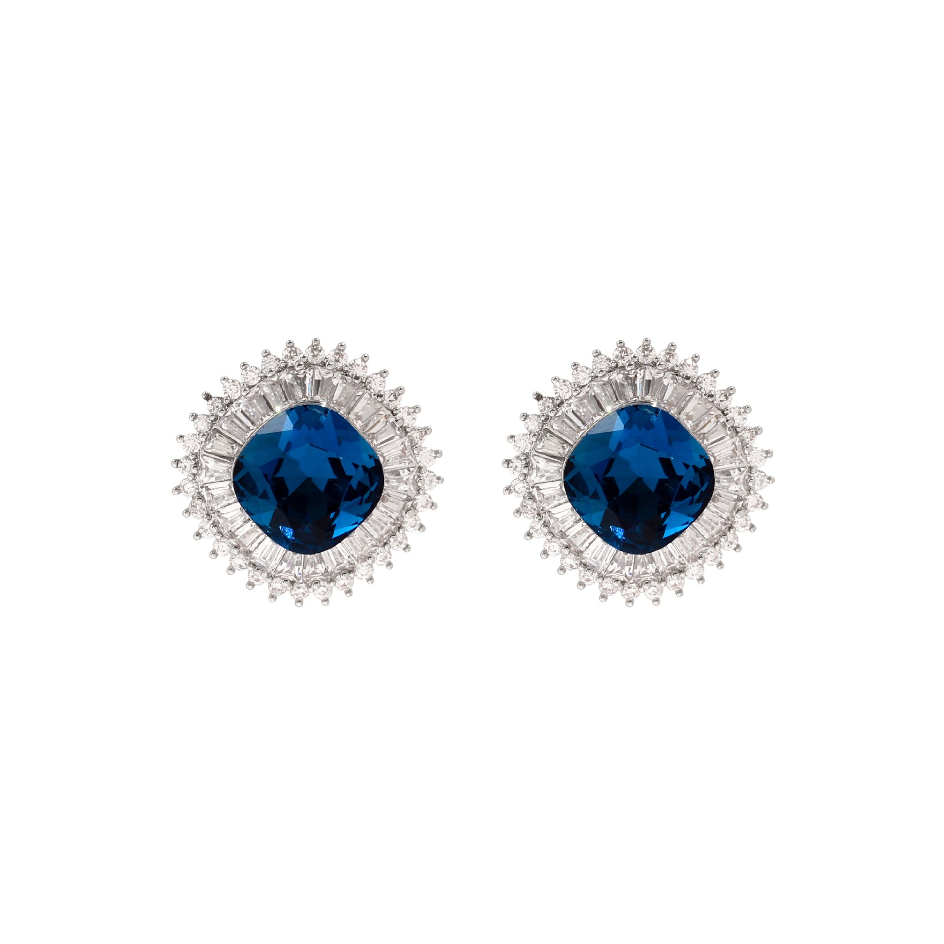 Blue Crystal & Cubic Zirconia Square Hola Stud Earrings