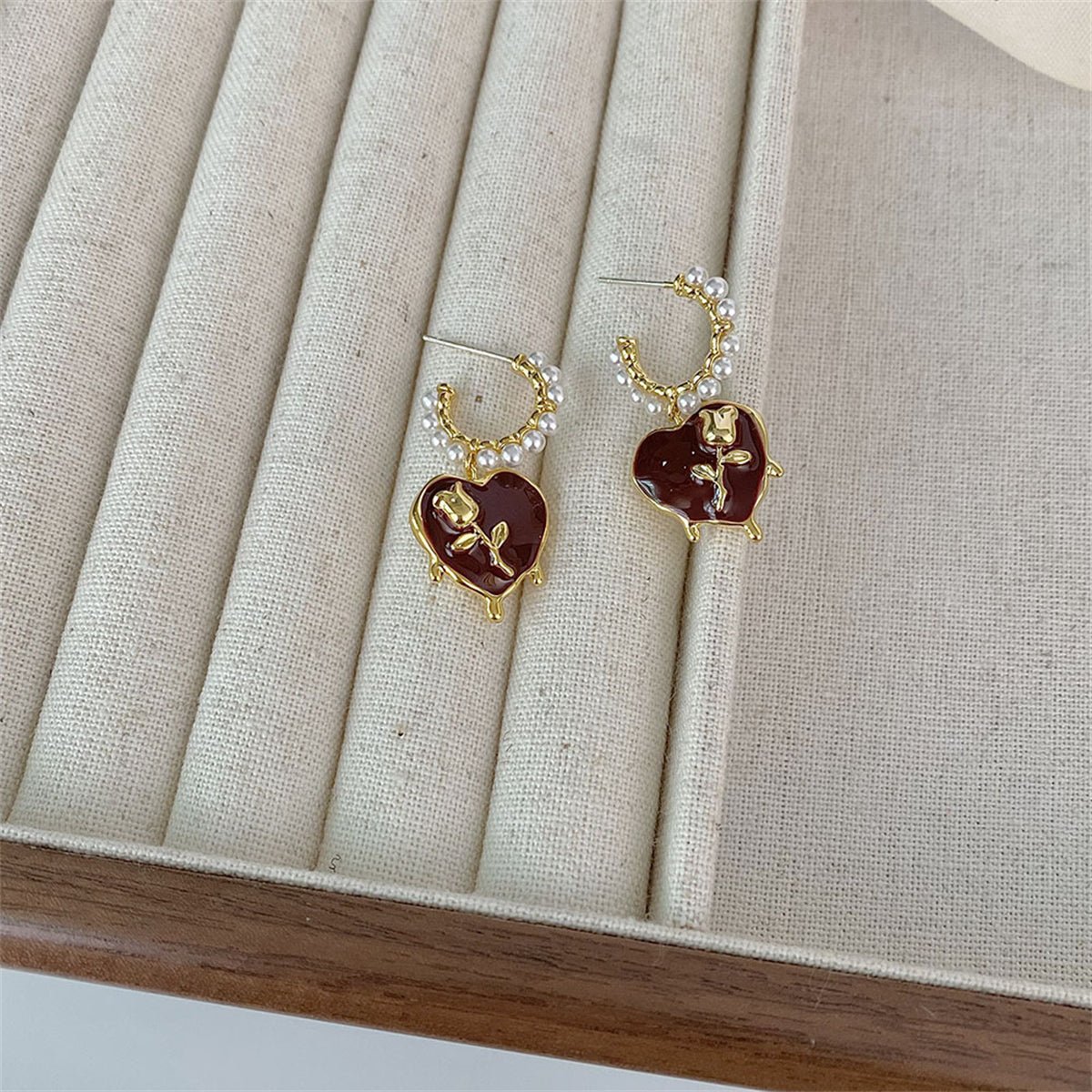 Wine Red & Pearl Rose Heart Huggie Earring