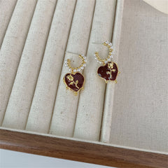 Wine Red & Pearl Rose Heart Huggie Earring
