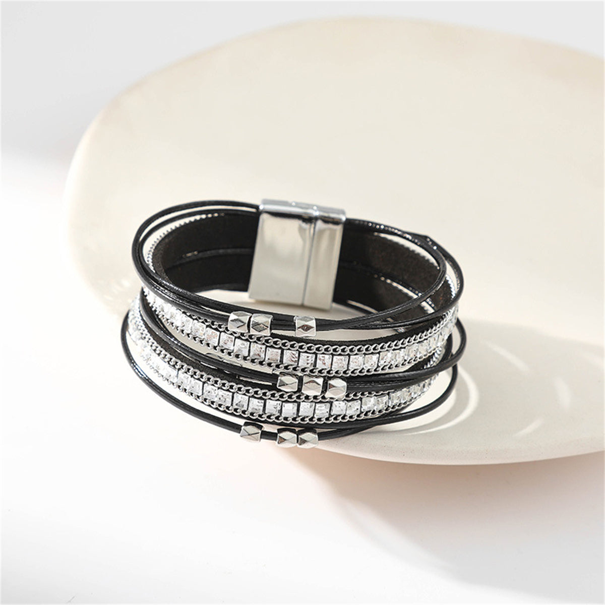 Black Polystyrene and Silver-Plated Layered Beaded Bracelet, silver bracelet for women, detail close-up