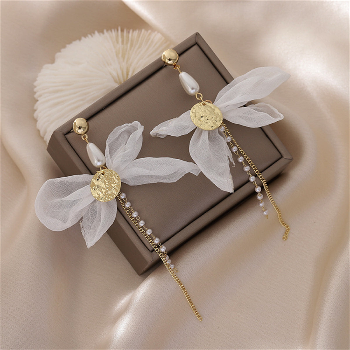 Pearl and Mesh 18K Gold-Plated Coin Bow Drop Earrings, gold drop earrings for women, dainty minimalist design, side view