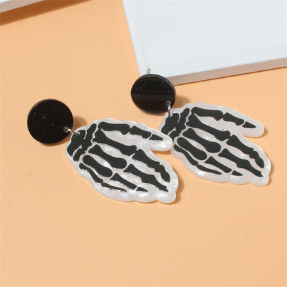 Black Acrylic and Silver-Plated Skeleton Hands Drop Earrings, silver drop earrings for women, side view