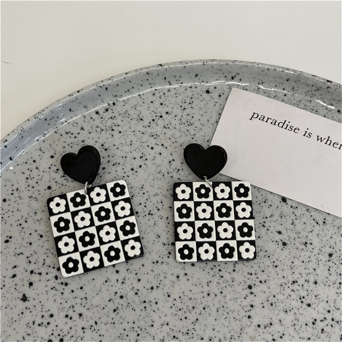 Black Acrylic Heart & Flower Earrings