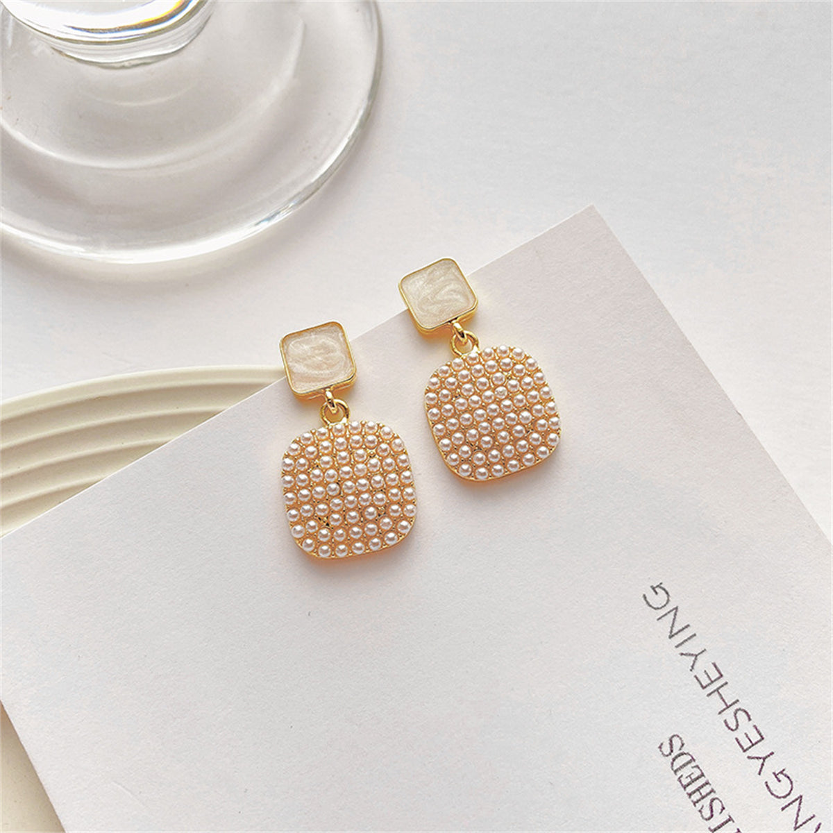 Enamel and Pearl 18K Gold-Plated Square Drop Earrings, gold drop earrings for women, botanical inspired, side view