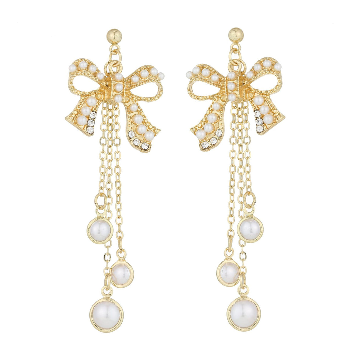 Pearl and Cubic Zirconia 18K Gold-Plated Bow Triple-Tassel Drop Earrings, gold drop earrings for women, front view