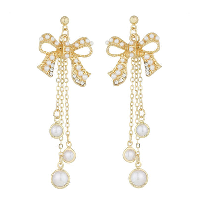 Pearl and Cubic Zirconia 18K Gold-Plated Bow Triple-Tassel Drop Earrings, gold drop earrings for women, front view