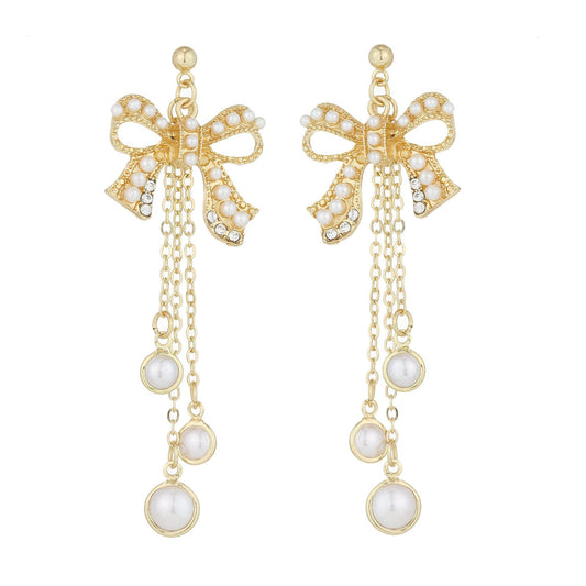 Pearl and Cubic Zirconia 18K Gold-Plated Bow Triple-Tassel Drop Earrings, gold drop earrings for women, front view