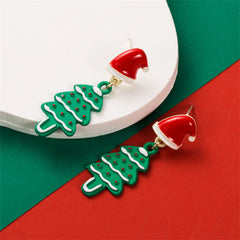 Green Enamel & Silver-Plated Hat Christmas Tree Drop Earrings