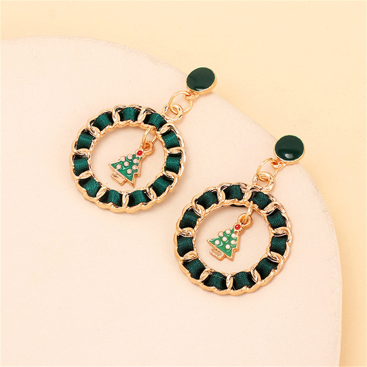 Black Ribbon and Enamel 18K Gold-Plated Christmas Tree Figaro Drop Earrings, gold drop earrings for women, detail close-up