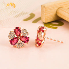 Red Cubic Zirconia & 18K Rose Gold-Plated Clover Stud Earrings