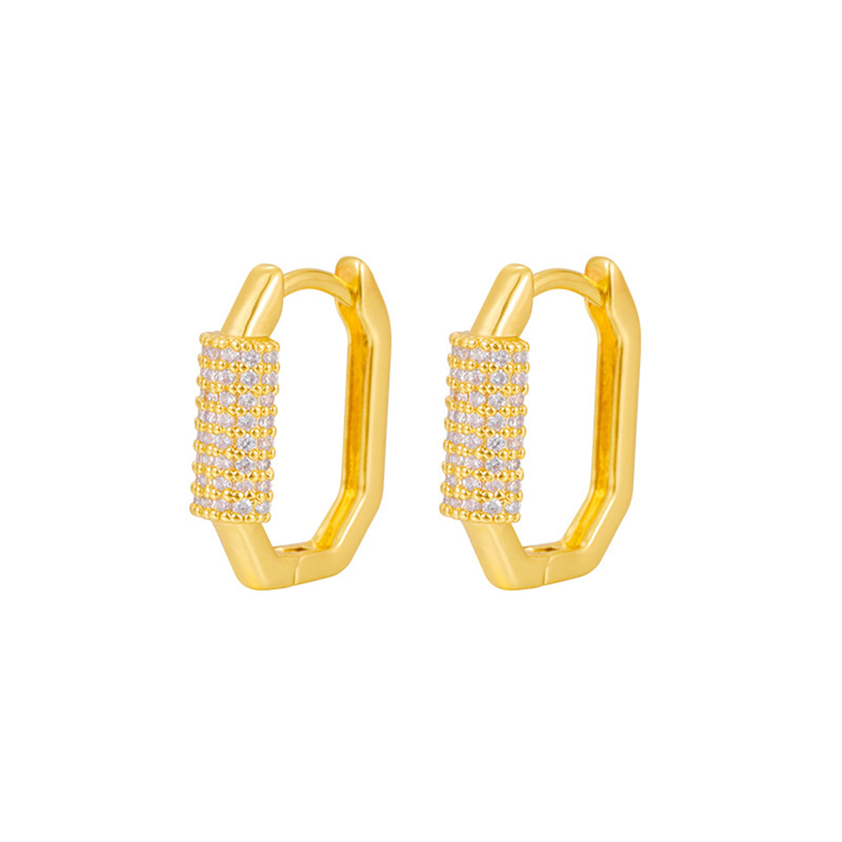 Cubic Zirconia and 18K Gold-Plated Hexagon Huggie Earrings, gold huggie earrings, elegant gift for her, front view