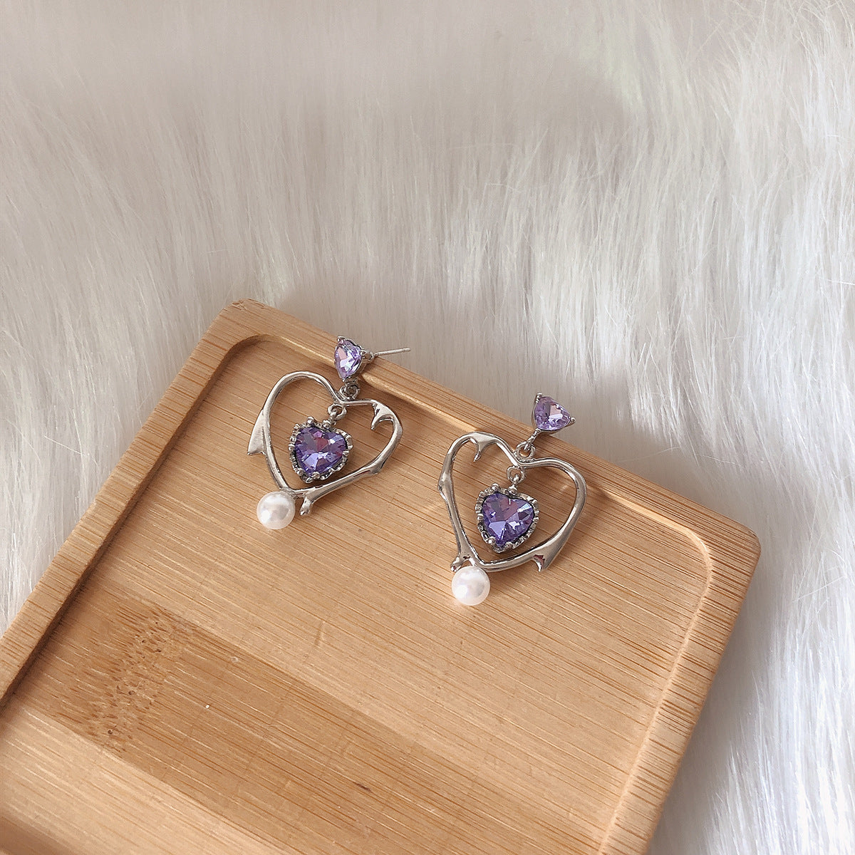 Purple Crystal and Pearl Silver-Plated Open Heart Drop Earrings, silver drop earrings for women, detail close-up