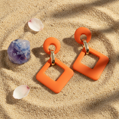 Orange Enamel & 18K Gold-Plated Open Rhombus Drop Earrings - Street Region