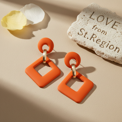 Orange Enamel & 18K Gold-Plated Open Rhombus Drop Earrings - Street Region