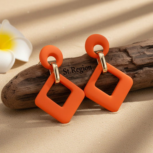Orange Enamel & 18K Gold-Plated Open Rhombus Drop Earrings - Street Region