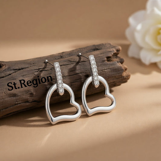 Cubic Zirconia & Silver-Plated Hollow Heart Drop Earrings