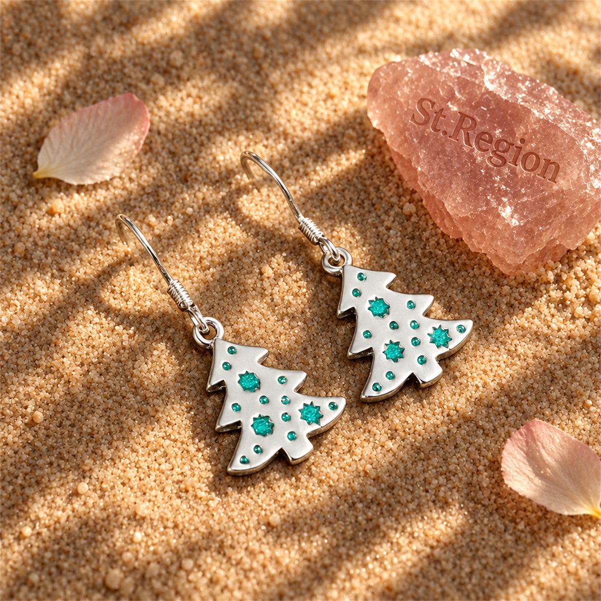 Green Enamel and Silver-Plated Tree Drop Earrings, silver drop earrings for women, vintage-inspired design, detail close-up
