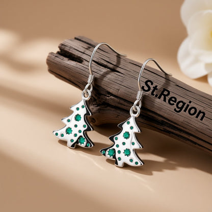 Green Enamel and Silver-Plated Tree Drop Earrings, silver drop earrings for women, vintage-inspired design, front view