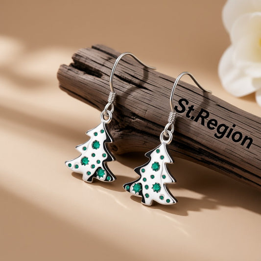 Green Enamel and Silver-Plated Tree Drop Earrings, silver drop earrings for women, vintage-inspired design, front view