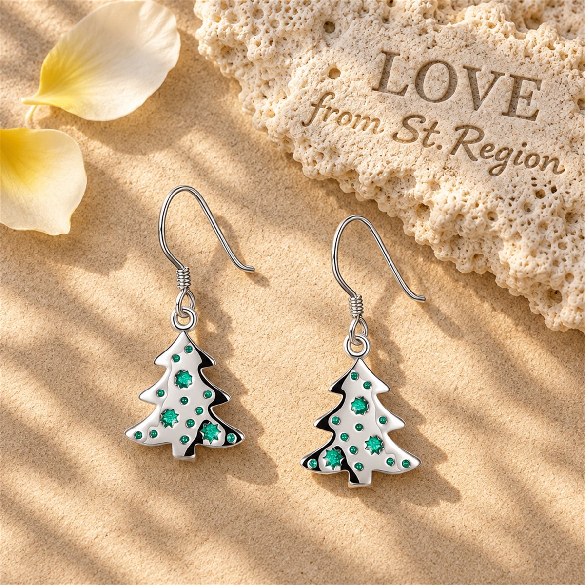 Green Enamel and Silver-Plated Tree Drop Earrings, silver drop earrings for women, vintage-inspired design, lifestyle look