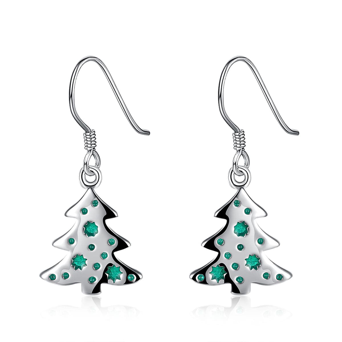 Green Enamel and Silver-Plated Tree Drop Earrings, silver drop earrings for women, vintage-inspired design, side view
