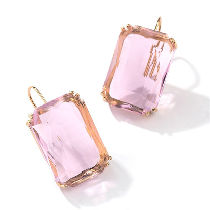 Pink Crystal and 18K Gold-Plated Rectangle Huggie Earrings, gold huggie earrings, vintage-inspired design, detail close-up