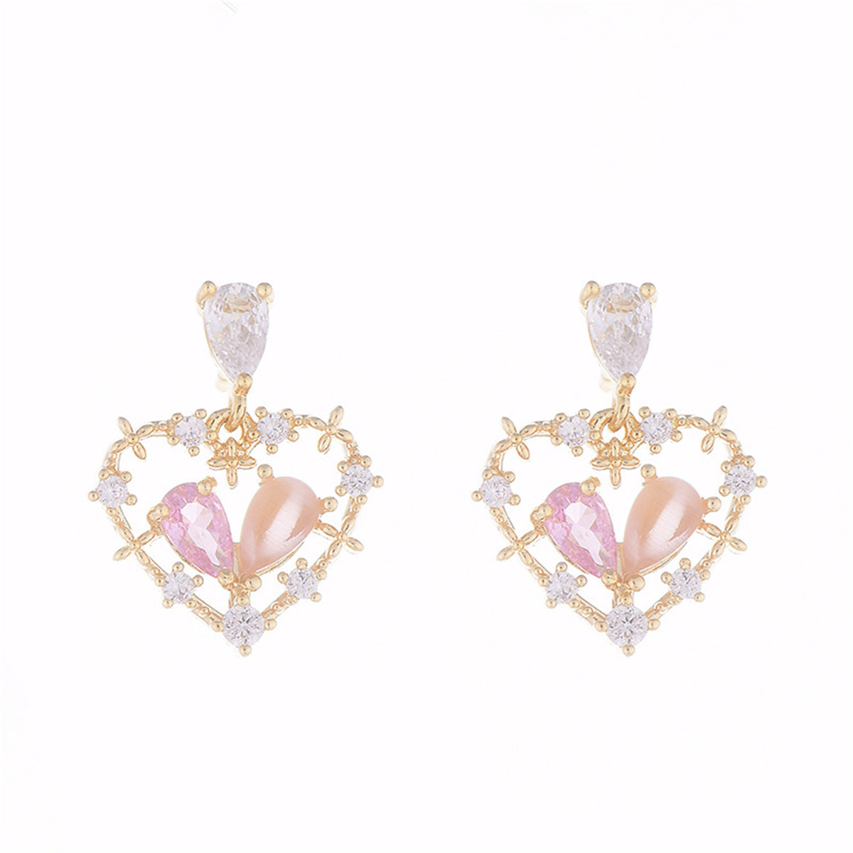 Pink Cat's Eye & Crystal Cubic Zirconia Heart Drop Earrings