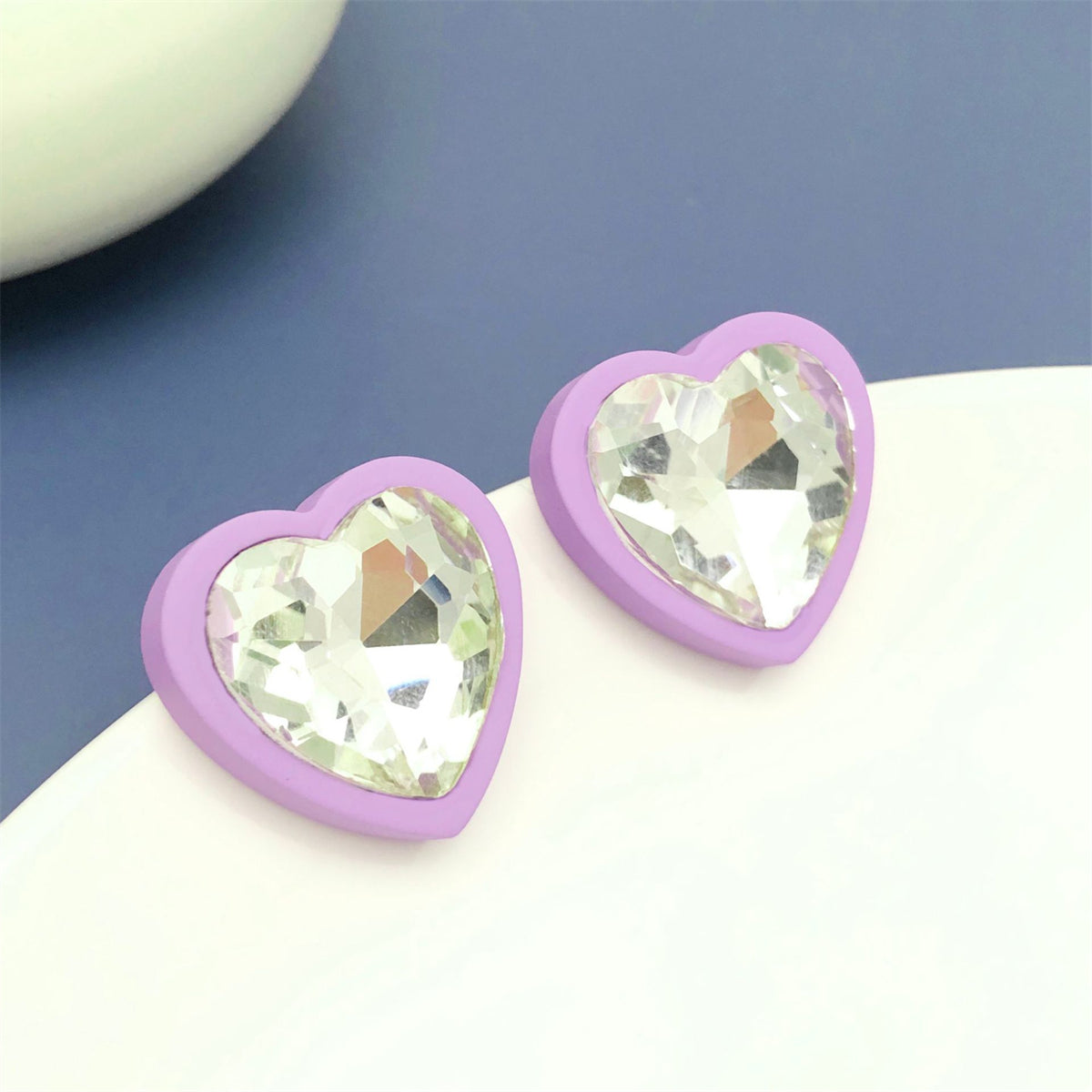 Purple and Crystal Heart Stud Earrings, stud earrings for women, botanical inspired, side view