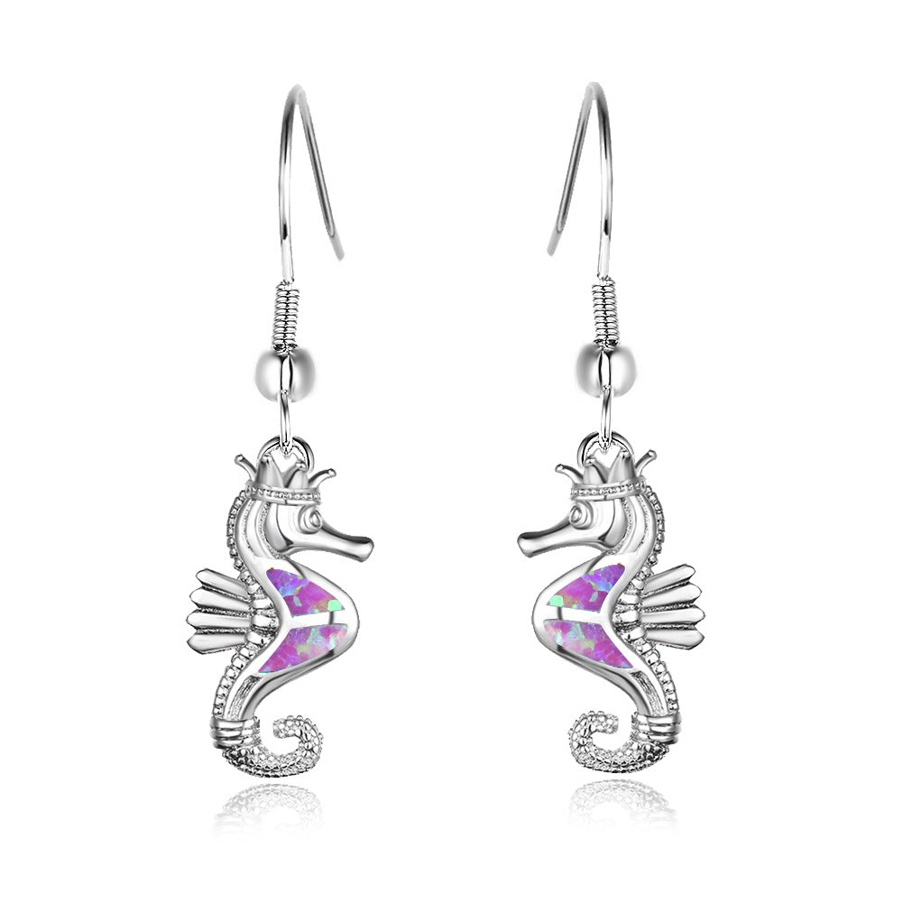 Purple Opal & Silver-Plated Sea Horse Drop Earrings