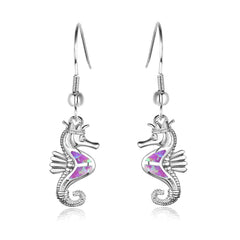Purple Opal & Silver-Plated Sea Horse Drop Earrings