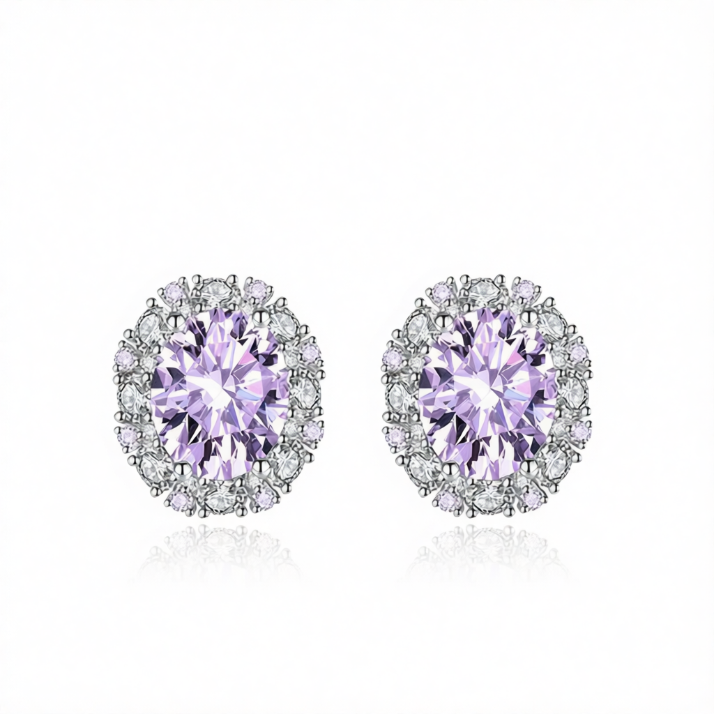 Cubic Zirconia & Purple Crystal Oval Stud Earrings