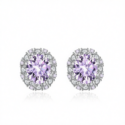 Cubic Zirconia & Purple Crystal Oval Stud Earrings