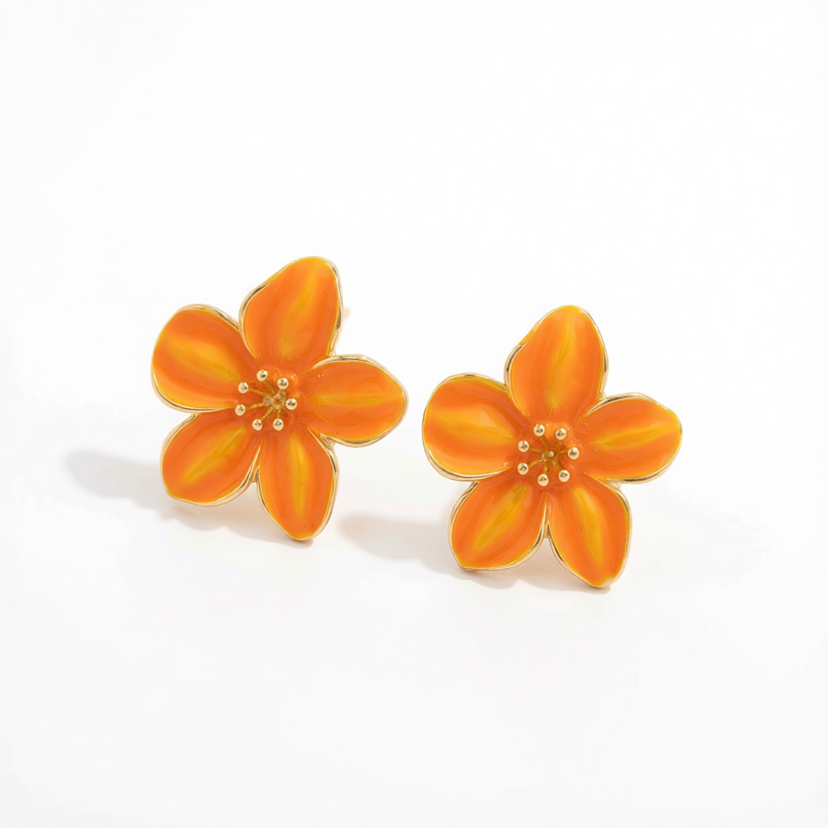 Orange Enamel & Goldtone Flower Stud Earrings