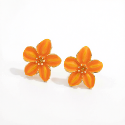 Orange Enamel & Goldtone Flower Stud Earrings