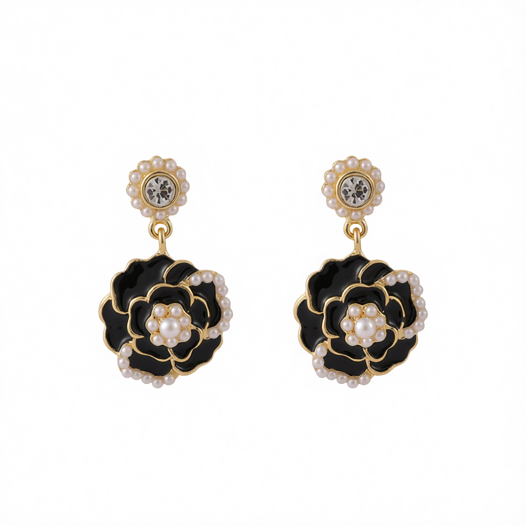 Pearl & Black Enamel 18K Gold-Plated Camellia Drop Earrings