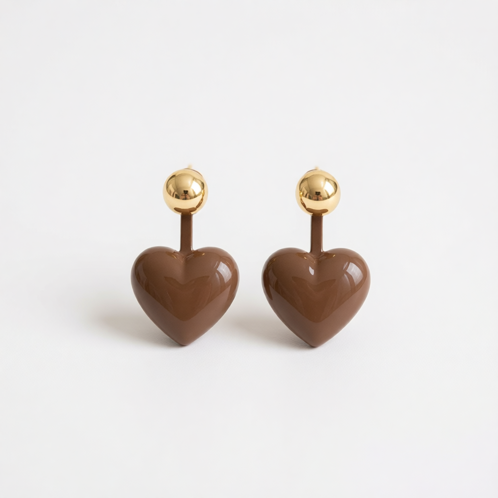 Coffee Enamel & 18K Gold-Plated Heart Ear Jackets