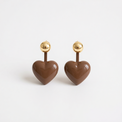 Coffee Enamel & 18K Gold-Plated Heart Ear Jackets