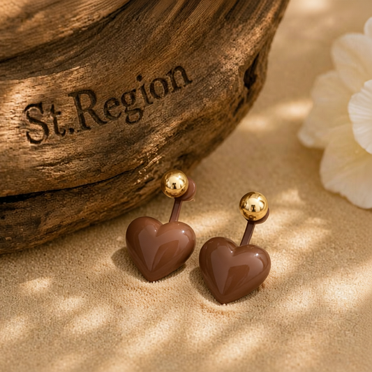 Coffee Enamel & 18K Gold-Plated Heart Ear Jackets