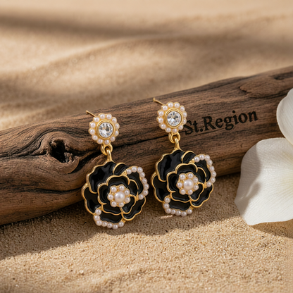 Pearl & Black Enamel 18K Gold-Plated Camellia Drop Earrings