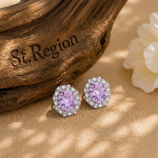 Cubic Zirconia & Purple Crystal Oval Stud Earrings