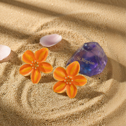 Orange Enamel & Goldtone Flower Stud Earrings